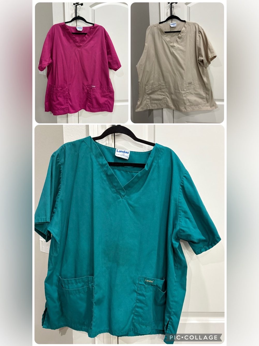 Landau bundle of 3 pink beige green 2x scrub tops 2 have untreated stains GUC